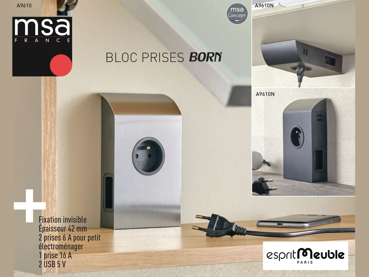 Bloc 2 prises 1 port USB d'angle noir mat - MSA France